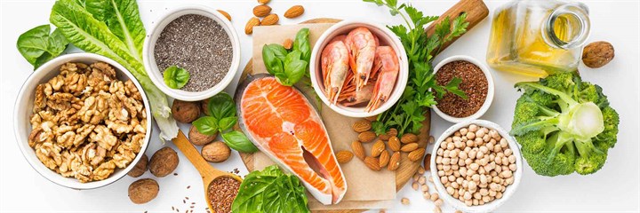 Overhead view of foods rich in omega 3